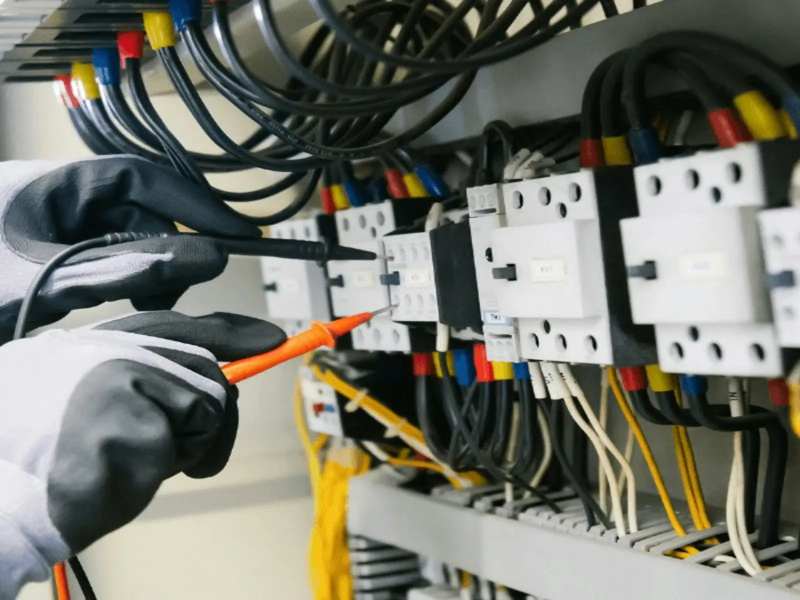 Illustrative photo: an electrical panel being tested with a multimeter.